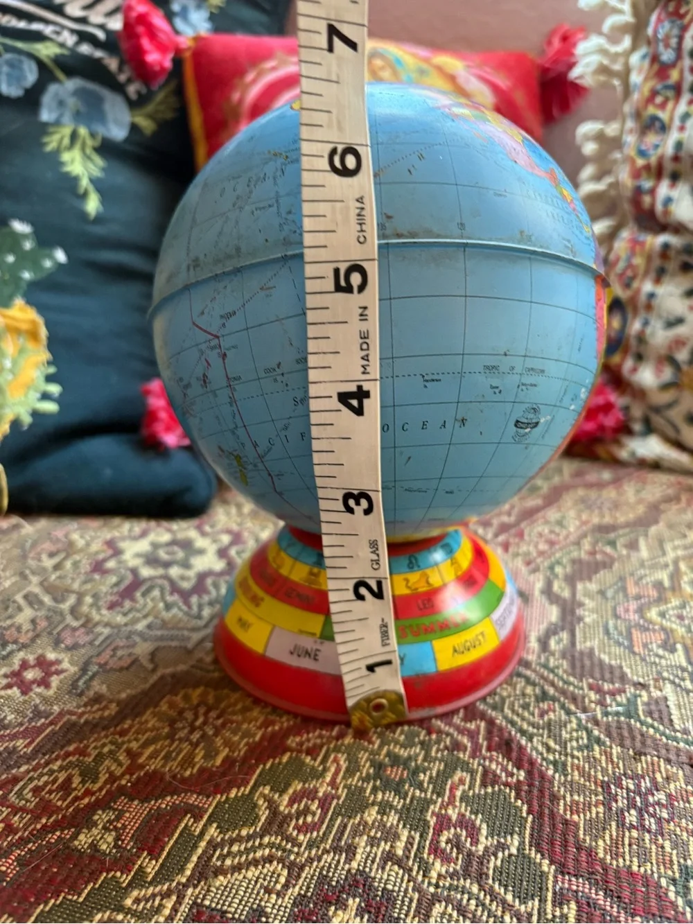 Vintage Blue World Globe Coin Bank with Colorful Zodiac Base Travel Adventure
